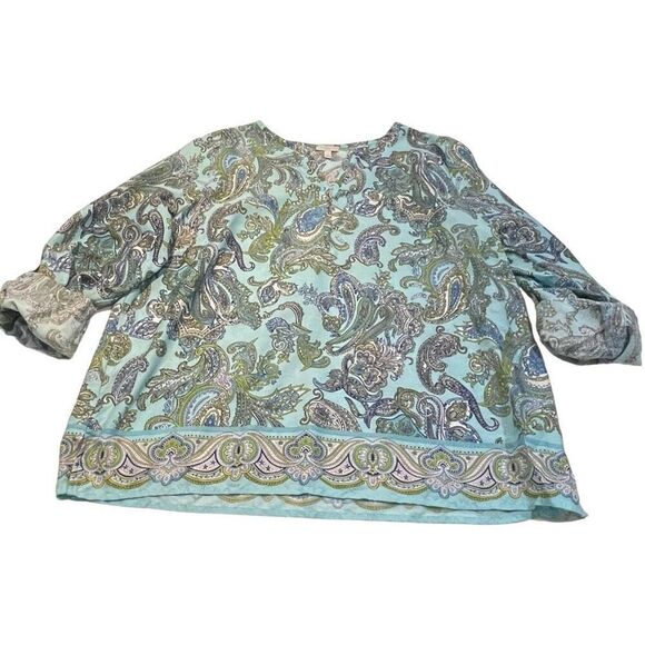 Talbots‎ Pale Blue Multicolor Paisley Print Blouse - Size Large Petite - Picture 1 of 9